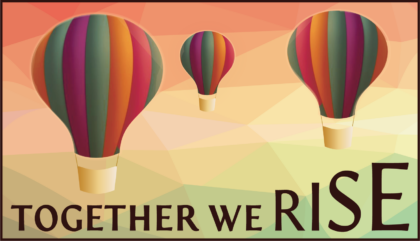 Annual Pledge Campaign logo with hot air balloons and the words "Together We Rise."
