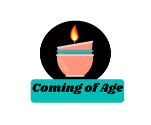 Title banner for Coming of age with peach and teal chalice