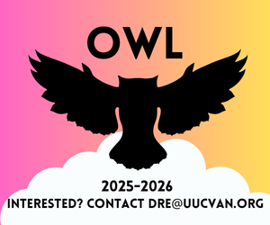 Title banner for 2025-2026 OWL program. Black owl silhouette over peach and pink sky with white cloud. Contact DRE@uucvan.org