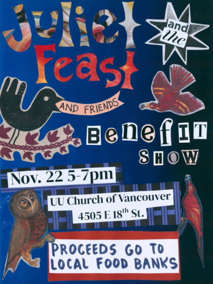 A flyer for the concert with birds and stars on a blue background.