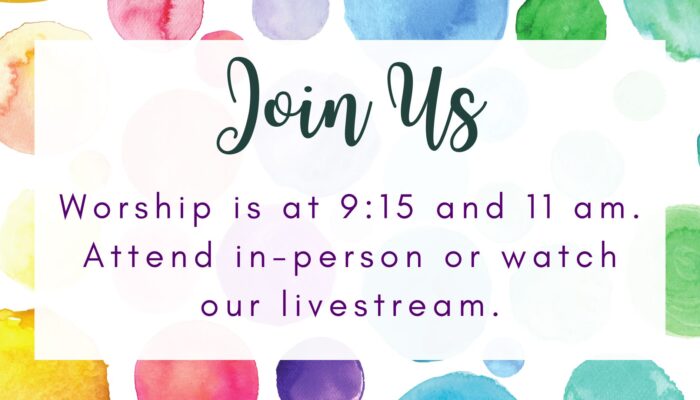 Website Slide Options (6) Worship is at 9:15 and 11 am. Join us in person or on our livestream.