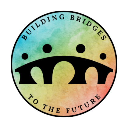 A black bridge over a rainbow background with the words building bridges to the future